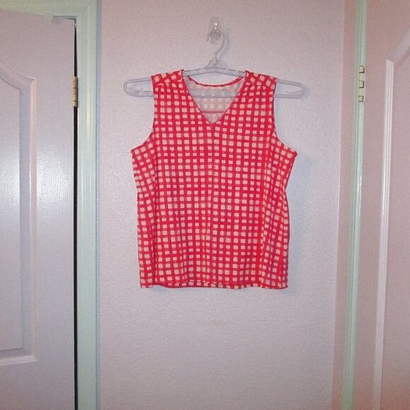 Lands End GINGHAM Tank Size LP TOP Sleeveless V-NECK Tunic POM POMS Cotton MODAL - Picture 2 of 9